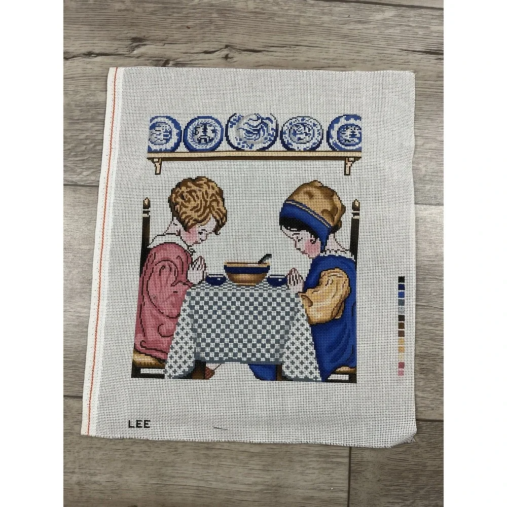 LEE Hand Painted Needlepoint Canvas Give Thanks Dinner Time Praying Girls 18ct